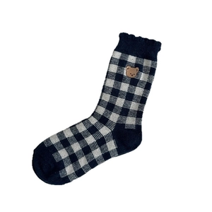Japanese style wool striped socks with cute bear embroidery and wavy ruffled cuffs