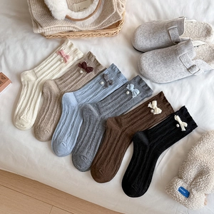 Women Slouch Socks Wool Blend Ribbed Knit Bowknot Faux Artificial Pearl Warm Sweet Vintage Style Mid Calf Hosiery