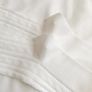 Macro shot of white cable knit texture on over-the-knee socks showing soft fabric detail