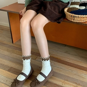 Retro argyle knit wool socks for women with white ruffles and dark brown edge