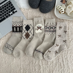 5-pack Fair Isle wool socks for women featuring cute dog patterns and cozy knit textures