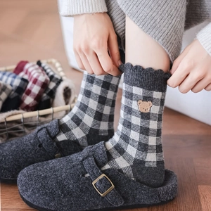 Plaid socks with bear embroidery and frill edge, cozy fall winter mid-calf style