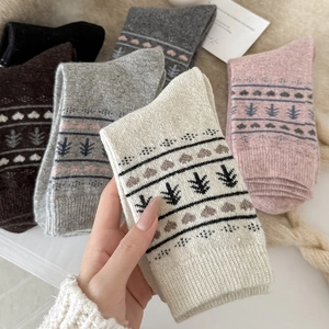 Close-up of Fair Isle knit wool socks featuring heart and pine tree patterns