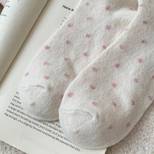 Close-up of creamy white knitted wool socks with pink polka dots on an open book