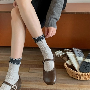 Retro argyle knit wool socks for women with ruffled cuffs in various earthy colors