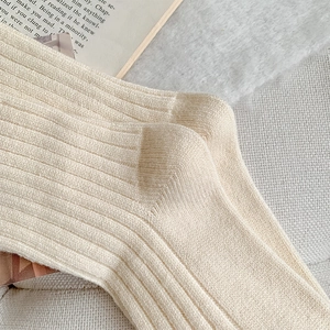 Detailed close-up of warm beige ribbed knit stockings with soft texture and vertical patterns