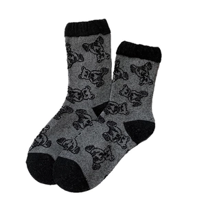 Retro grey wool socks with black bear patterns and thickened heels for winter warmth