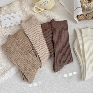 Detailed close-up of coffee-toned ribbed knit winter crew socks for women in four warm colors