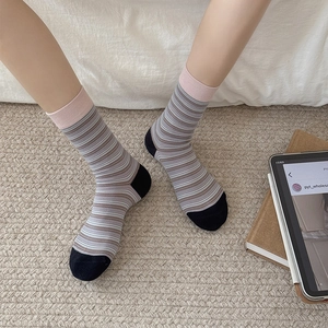Retro striped crew socks for women featuring pink ribbed cuffs and contrast toe detailing