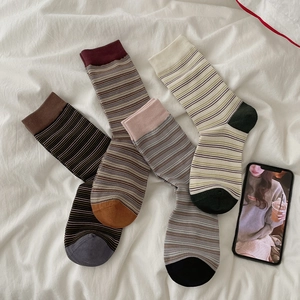 Women Slouch Socks Striped Cotton Blend Contrast Color Retro Korean Style Ribbed Mid-calf Socks