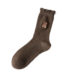 Brown vintage wool socks with cute embroidered bear and frilly cuffs for winter