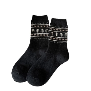 Fair Isle pattern wool socks featuring black knit pine trees and hearts for winter fashion