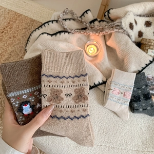 Detail of warm winter knit socks with cute animal patterns like bears and penguins
