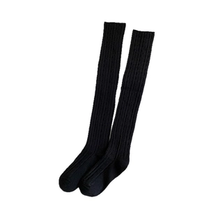 Thigh-high cable knit over-knee socks in black, warm cotton blend for autumn and winter
