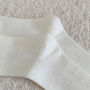 Close-up of white wool knit socks showing fine rib texture and reinforced heel detail