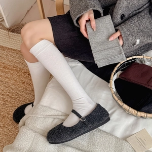 Detailed texture of white cotton ribbed calf socks shown with Mary Jane shoes