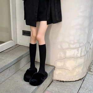 Detail of plush black faux fur slippers paired with warm ribbed knit calf socks for winter