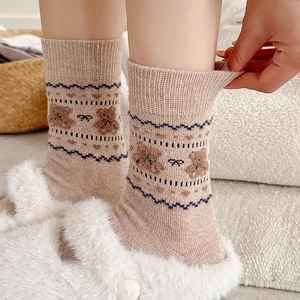 Detail showing elastic rib cuff of cute bear patterned warm thermal socks for women