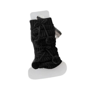Japanese style black knit leg warmers with cute pom poms and bowknot accents