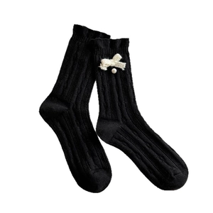 Black wool socks with white knit bows and pearls, vintage style ribbed mid-calf length