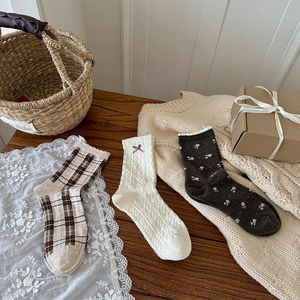 Women Mid Calf Socks Cotton Blend Knit Floral Plaid Bow Jacquard Ruffle Trim Vintage Mori Style Sweet Retro Fashion
