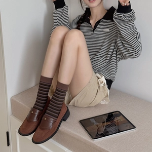 Close-up of retro brown loafers with striped crew socks for a vintage aesthetic look