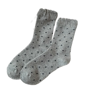 Cozy grey wool knit crew socks with black polka dots and ruffled cuffs for women