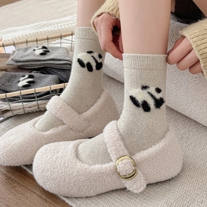 Fuzzy panda wool socks and cream fleece Mary Jane shoes for warm winter home wear
