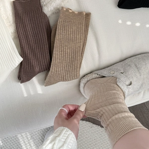 Cozy thermal ribbed crew socks in coffee tones shown in a soft home setting