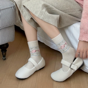 Winter plush Mary Jane flats with cute cartoon rabbit knit socks in a home setting
