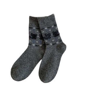 Deep grey winter thermal crew socks featuring cute cat patterns and diamond textures