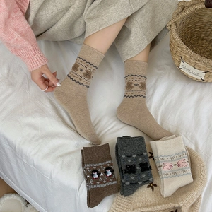 Detail of cozy winter socks featuring cute bear and penguin jacquard knitted patterns