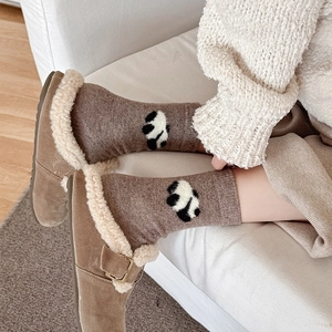 Women's warm wool socks with cartoon panda embroidery and fleece-lined winter slippers