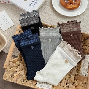 Close-up of vintage knit socks featuring ruffled edges, plaid trim, and flower buttons