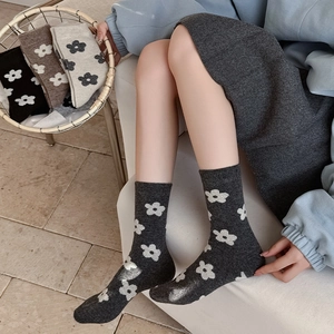 Retro wool floral socks for women in vintage dark grey and multiple warm color options