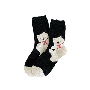 Japanese style black and white bear wool crew socks with warm knit thermal fabric
