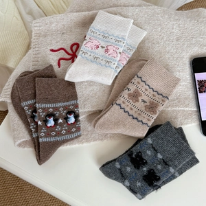 Detailed knit texture of thick winter bear socks with cute animal embroidery patterns