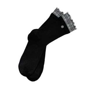 Black knit crew socks with grey plaid ruffle cuffs and delicate flower details