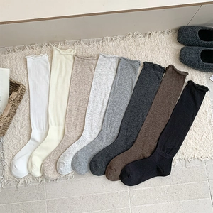 Women Cotton Slouch Socks Rolled Edge Solid Color Calf High Knitting Soft Japanese Style Breathable Versatile