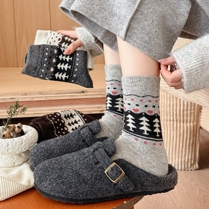 Detail of warm felt clogs with thick fleece lining and knitted winter pine socks