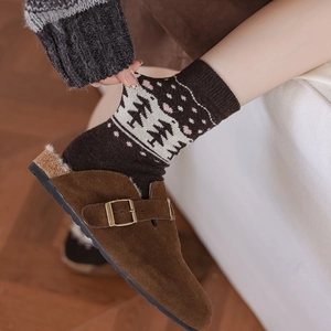 Detail of warm knit mid-calf socks with Christmas tree patterns and pink dots