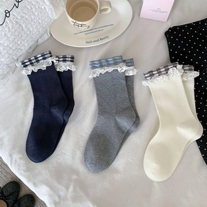 Chaussettes Slouchy Femmes Coton Bordure Carreaux Dentelle Volants Style JK Japonais Doux Collège Filles