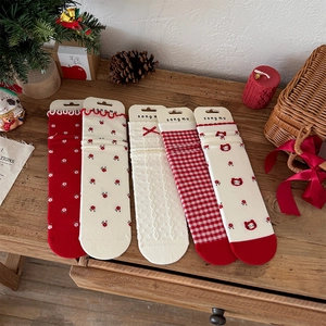 Women Cotton Mid Calf Socks Ruffle Cuff Floral Plaid Bow Cartoon Animal Japanese Style Kawaii Breathable Autumn Winter
