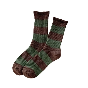 Chaussettes épaisses en laine à rayures marron et vert foncé en tricot côtelé pour l'automne
