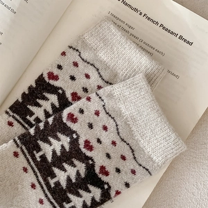 Detailed knit texture of Christmas crew socks featuring pine tree patterns and red dots