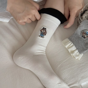 Japanese style socks set featuring cute dog embroidery and stylish contrast ruffle trim