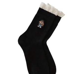 Japanese style cute cartoon puppy embroidery crew socks with white ruffle trim for women