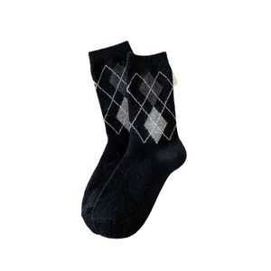 Classic black argyle wool socks with grey and white knit pattern for winter warmth