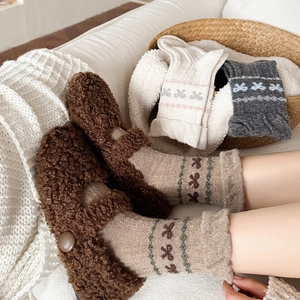 Detail of warm lamb wool slippers and bow-knot knitted socks in earthy coffee tones