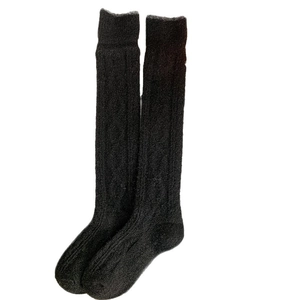 Thick black knitted calf socks with vintage argyle pattern for autumn and winter warmth